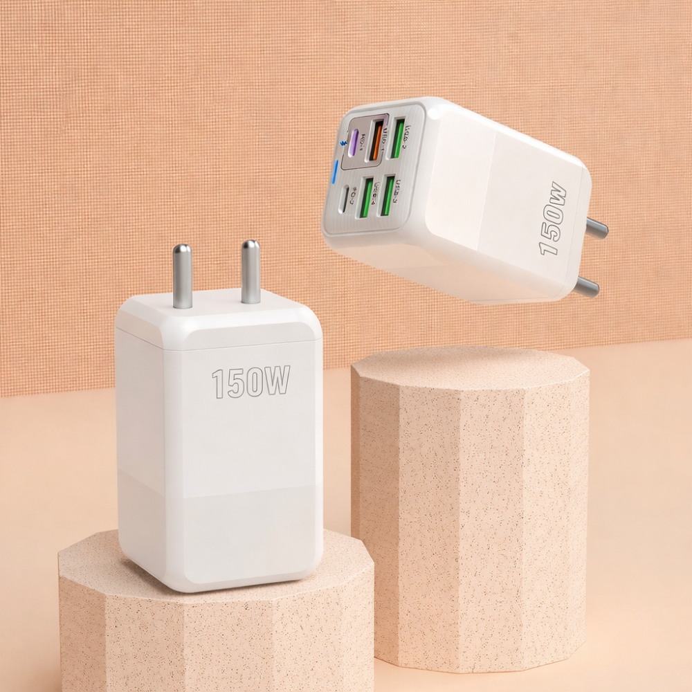 Incarcator retea 150W USB-C si USB-A 6 porturi fast charge cu display LED universal telefon laptop alb compact [2]