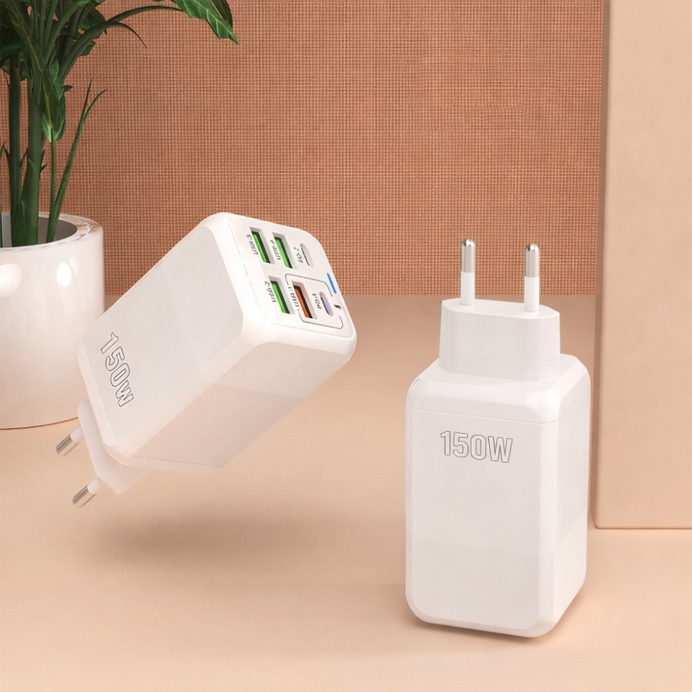 Incarcator retea 150W USB-C si USB-A 6 porturi fast charge cu display LED universal telefon laptop alb compact [3]