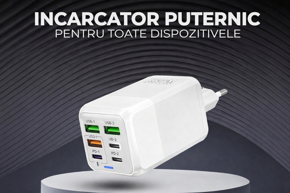 Incarcator retea 150W USB-C si USB-A 6 porturi fast charge cu display LED universal telefon laptop alb compact [6]