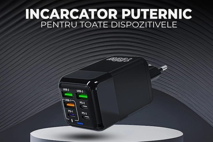 Incarcator retea 150W USB-C si USB-A 6 porturi fast charge cu display LED universal telefon laptop negru compact [8]