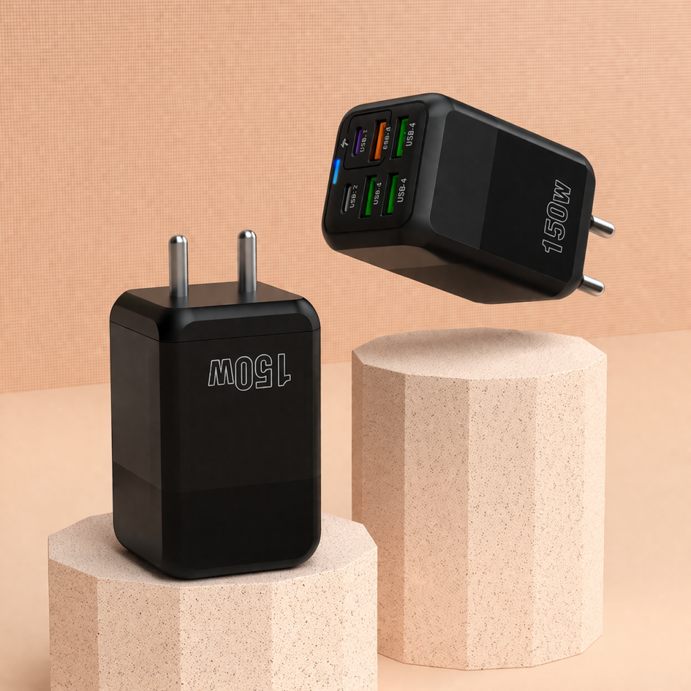 Incarcator retea 150W USB-C si USB-A 6 porturi fast charge cu display LED universal telefon laptop negru compact [2]