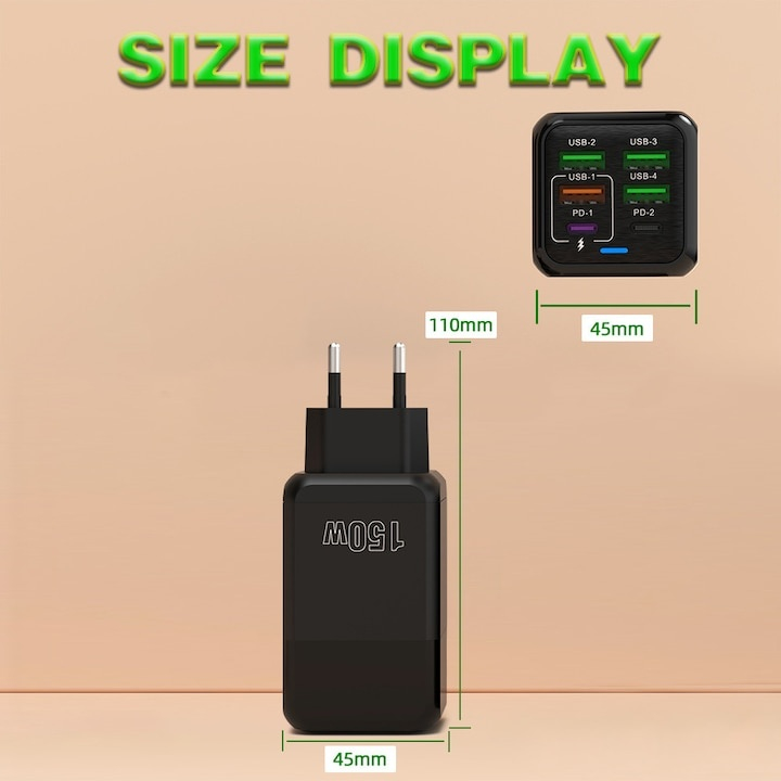 Incarcator retea 150W USB-C si USB-A 6 porturi fast charge cu display LED universal telefon laptop negru compact [11]
