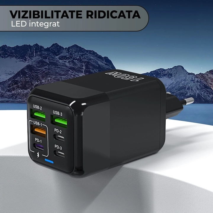 Incarcator retea 150W USB-C si USB-A 6 porturi fast charge cu display LED universal telefon laptop negru compact [7]