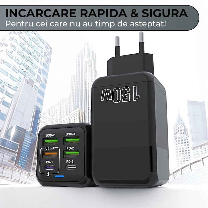 Incarcator retea 150W USB-C si USB-A 6 porturi fast charge cu display LED universal telefon laptop negru compact [3]