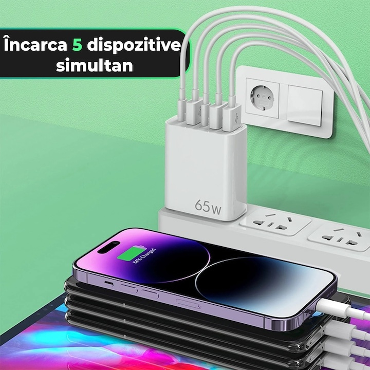 Incarcator retea 65W USB-C si USB-A 5 porturi fast charge PD QC universal telefon laptop alb compact [2]