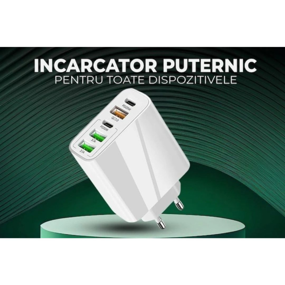 Incarcator retea 65W USB-C si USB-A 5 porturi fast charge PD QC universal telefon laptop alb compact [8]