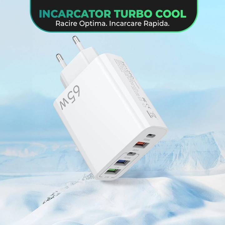 Incarcator retea 65W USB-C si USB-A 5 porturi fast charge PD QC universal telefon laptop alb compact [6]