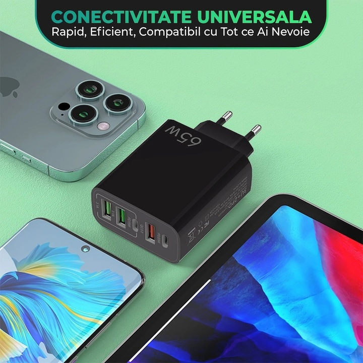 Incarcator retea 65W USB-C si USB-A 5 porturi fast charge PD QC universal telefon smartwatch negru compact [4]