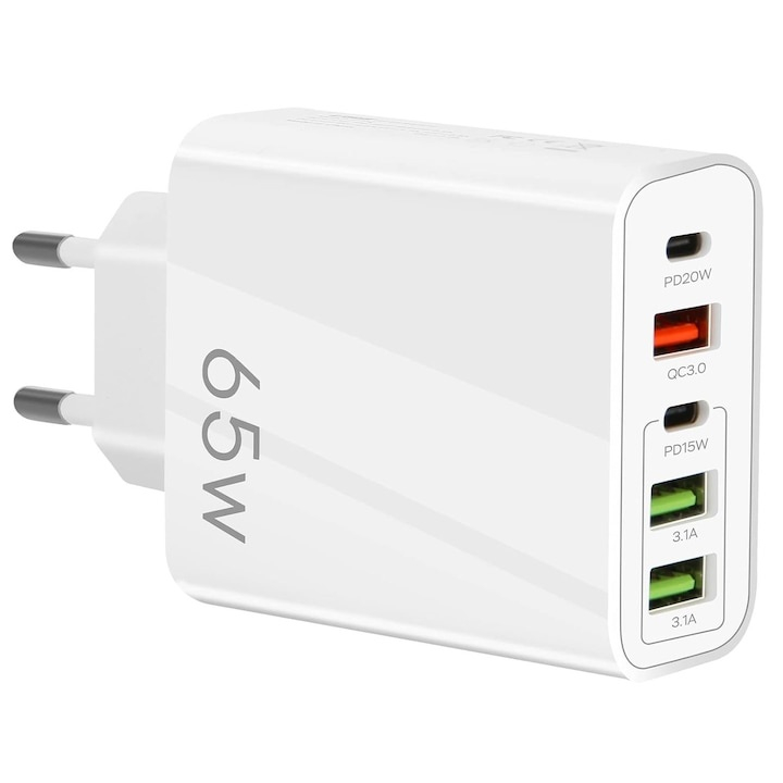 Incarcator retea multiport, fast charge 65W, 5 iesiri (3x USB + 2x USB-C), protectie la supraincalzire, compact si portabil, universal, alb [1]