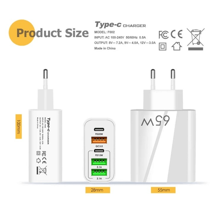 Incarcator retea multiport, fast charge 65W, 5 iesiri (3x USB + 2x USB-C), protectie la supraincalzire, compact si portabil, universal, alb [2]