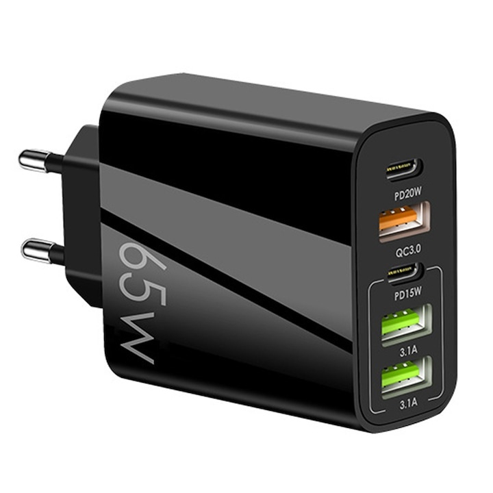 Incarcator retea multiport, fast charge 65W, 5 iesiri (3x USB + 2x USB-C), protectie la supraincalzire, compact si portabil, universal, negru [1]