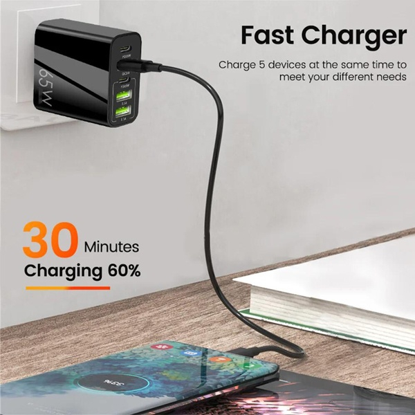 Incarcator retea multiport, fast charge 65W, 5 iesiri (3x USB + 2x USB-C), protectie la supraincalzire, compact si portabil, universal, negru [8]