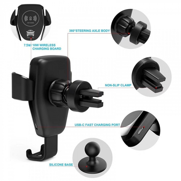 Incarcator 18W si suport auto telefon wireless cu fixare pe grila de ventilatie - Negru [5]