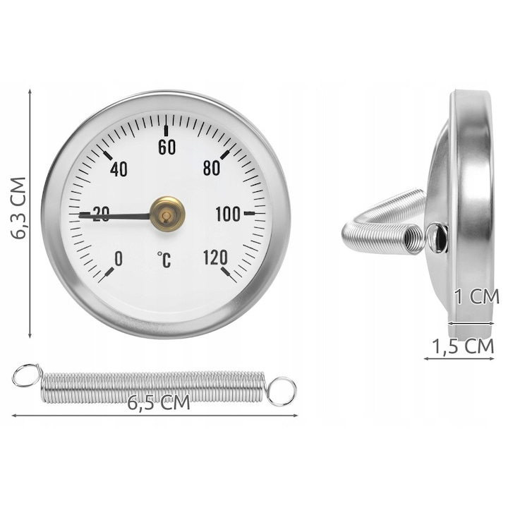 Indicator analogic de temperatura pentru conducte, fixare cu arc, scala 0-120°C, cadran 6.3 cm, argintiu [3]
