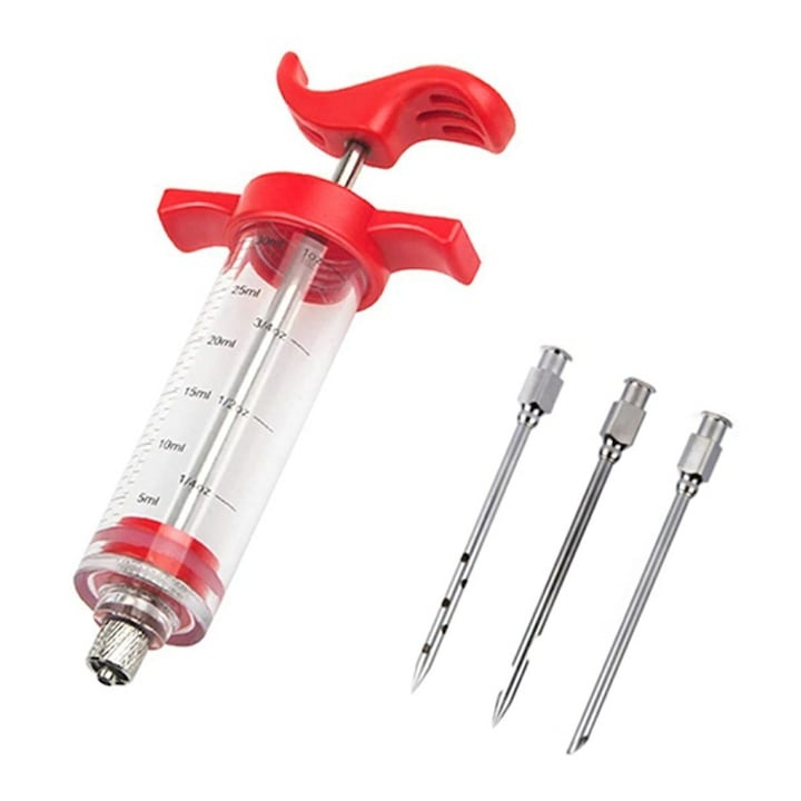 Injector sosuri si marinade pentru carne, capacitate 30 ml, cu 3 ace din otel inoxidabil, sistem ergonomic, usor de utilizat si curatat, ideal pentru bucatarie, grill si afumatoare, transparent [2]