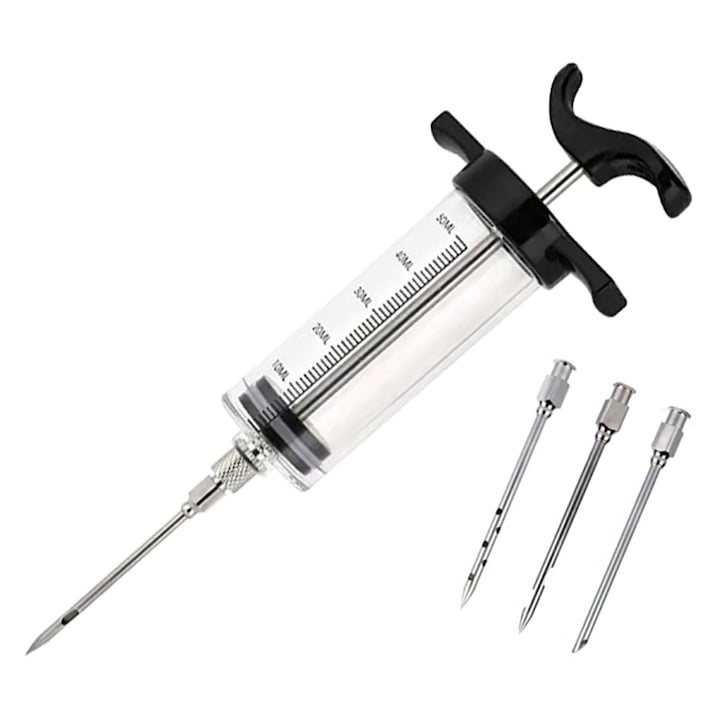 Injector sosuri si marinade pentru carne, capacitate 50 ml, cu 3 ace din otel inoxidabil, sistem ergonomic, usor de utilizat si curatat, ideal pentru bucatarie, grill si afumatoare, negru [2]