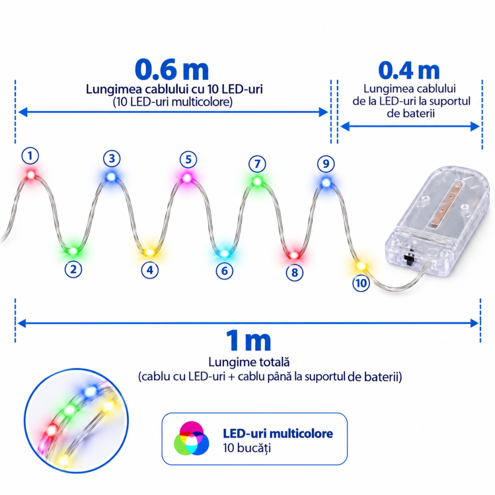 Instalatie Craciun multicolora 1 m, 10 LED-uri, fir decorativ, alimentare cu baterii, cablu LED 0,6 m [2]