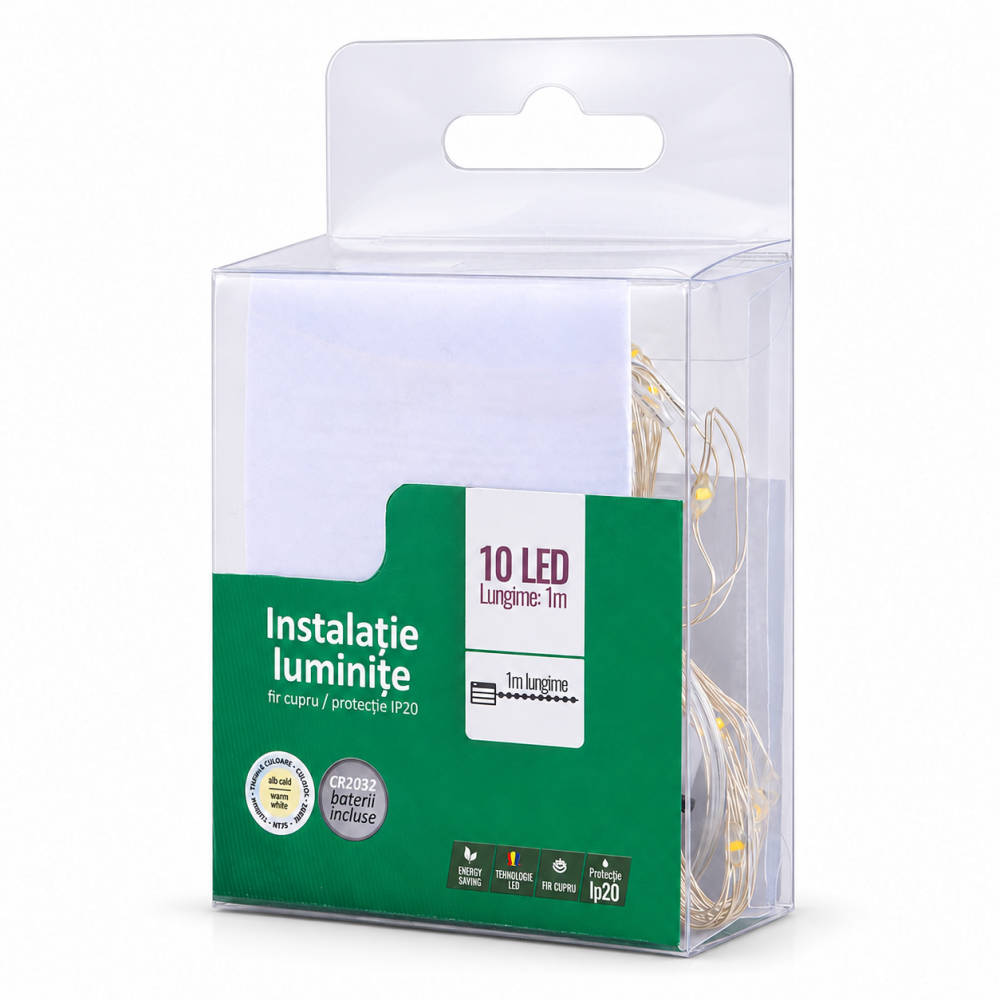 Instalatie de Craciun alb cald 1 m, 10 LED-uri, fir de cupru, baterii CR2032 incluse, pentru interior, IP20 [2]