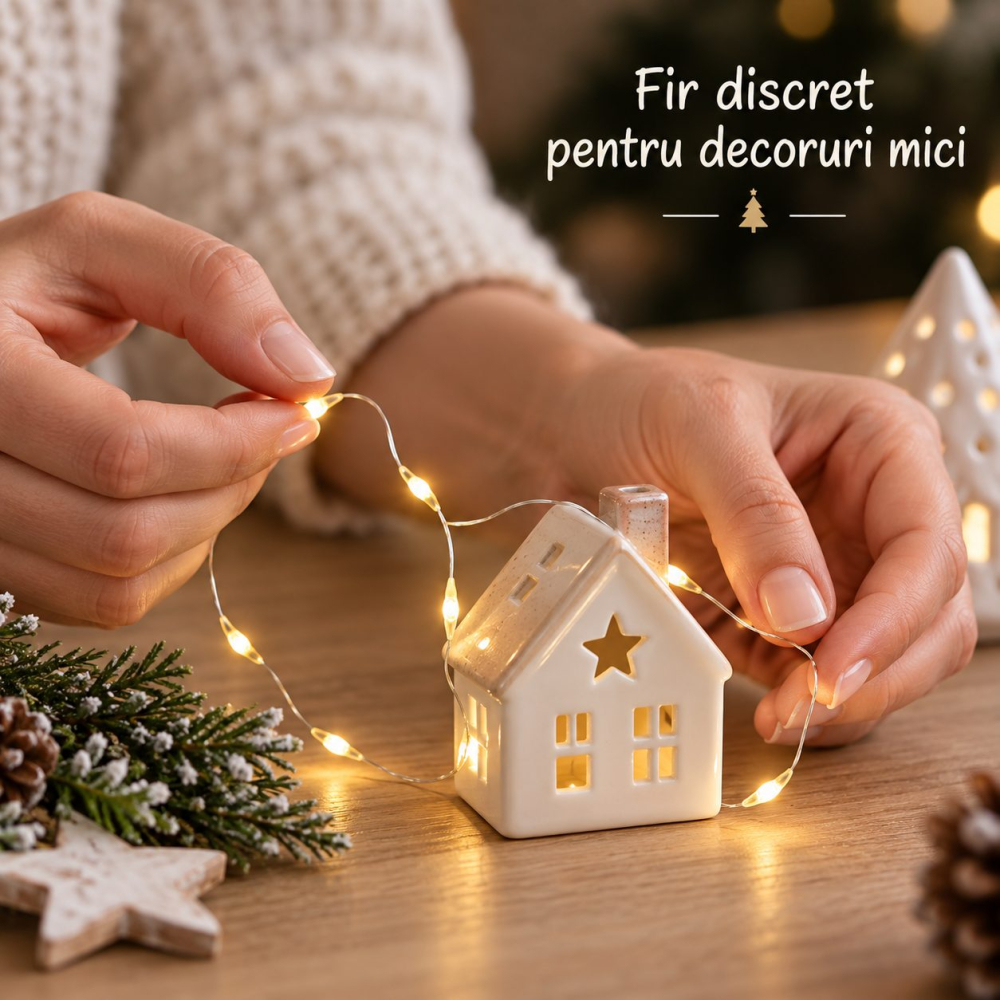 Instalatie de Craciun alb cald 1 m, 10 LED-uri, fir de cupru, baterii CR2032 incluse, pentru interior, IP20 [6]
