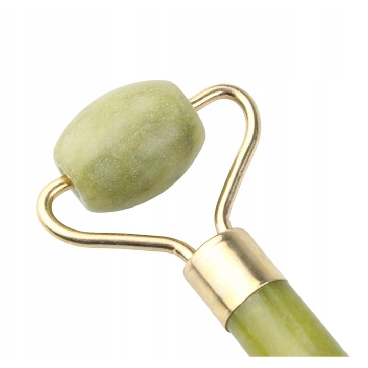 Jade roller de masaj facial cu role, piatra naturala, efect lifting si relaxare, imbunatatirea circulatiei, nuante verde jad [9]