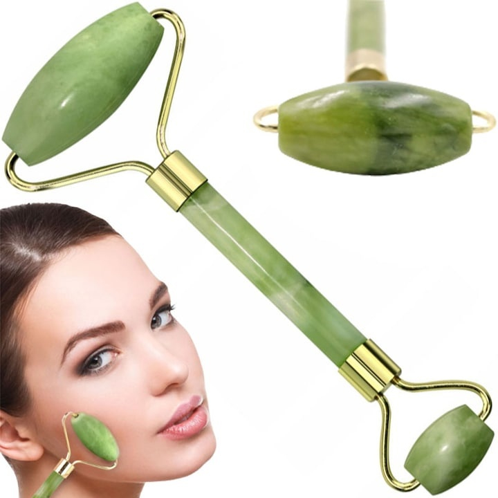 Jade roller de masaj facial cu role, piatra naturala, efect lifting si relaxare, imbunatatirea circulatiei, nuante verde jad [2]