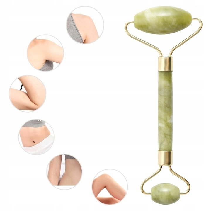 Jade roller de masaj facial cu role, piatra naturala, efect lifting si relaxare, imbunatatirea circulatiei, nuante verde jad [10]
