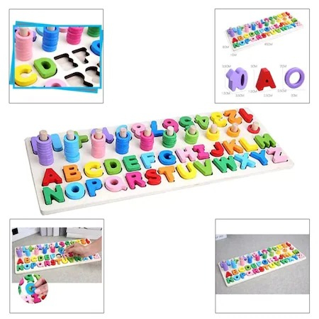Joc alfabetic pentru copii, din lemn 3 in 1, logaritmic cu litere si cifre - Multicolor [6]