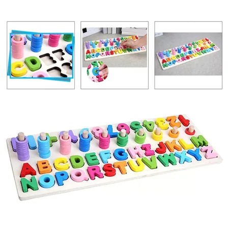 Joc alfabetic pentru copii, din lemn 3 in 1, logaritmic cu litere si cifre - Multicolor [7]