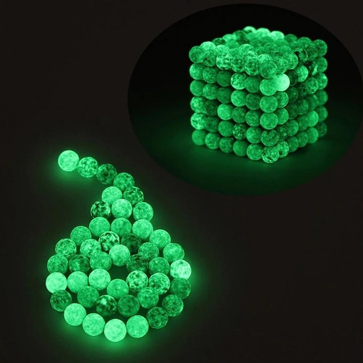 Joc cu bile magnetice NeoCube, verde fluorescent, cub 3.2 x 3.2 x 3.2 cm, 216 bile magnetice din neodim 5 mm, set antistres cu cutie metalica si fereastra transparenta, 14+ [8]