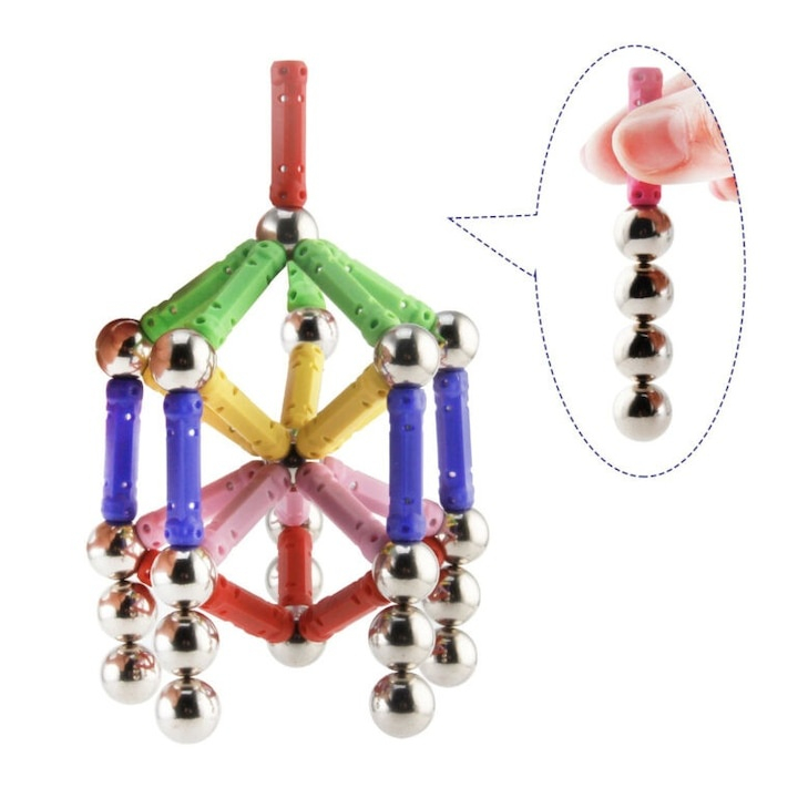 Joc de constructie magnetic multicolor, 50 piese 3D, set educativ cu forme geometrice si magneti, pentru dezvoltarea creativitatii si gandirii spatiale, 3 ani+ [7]