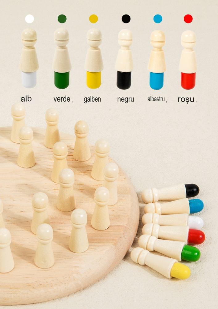 Joc de Memorie din Lemn pentru Toata Familia, Tabla Rotunda 17 cm, 24 Pioni Colorati, Joc Educativ Interactiv pentru Copii +4 Ani, 6 Culori, Multicolor [5]