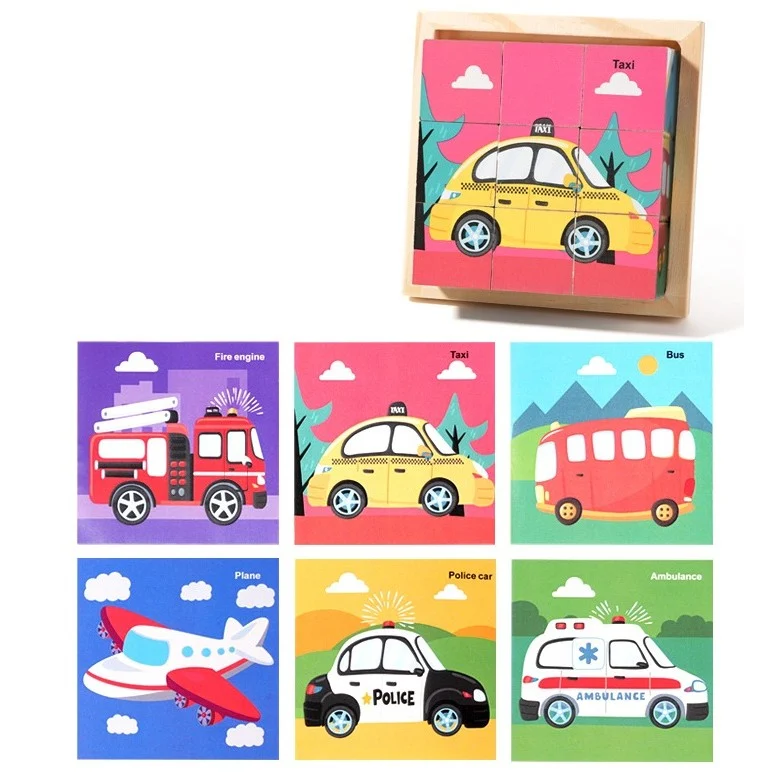 Joc din lemn multicolor 11 x 11 x 3.2 cm cu 9 cuburi rotative, 6 puzzle-uri cu mijloace de transport, joc educativ pentru copii 4-6 ani [2]