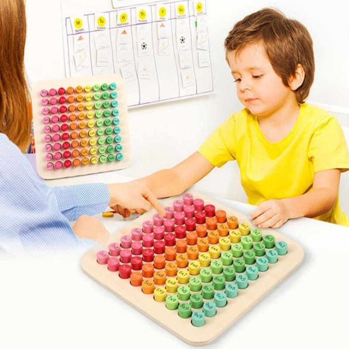 Joc educativ cu tabla inmultirii din lemn, 81 piese colorate, joc interactiv pentru invatarea matematica, dezvoltarea gandirii si coordonarii [6]
