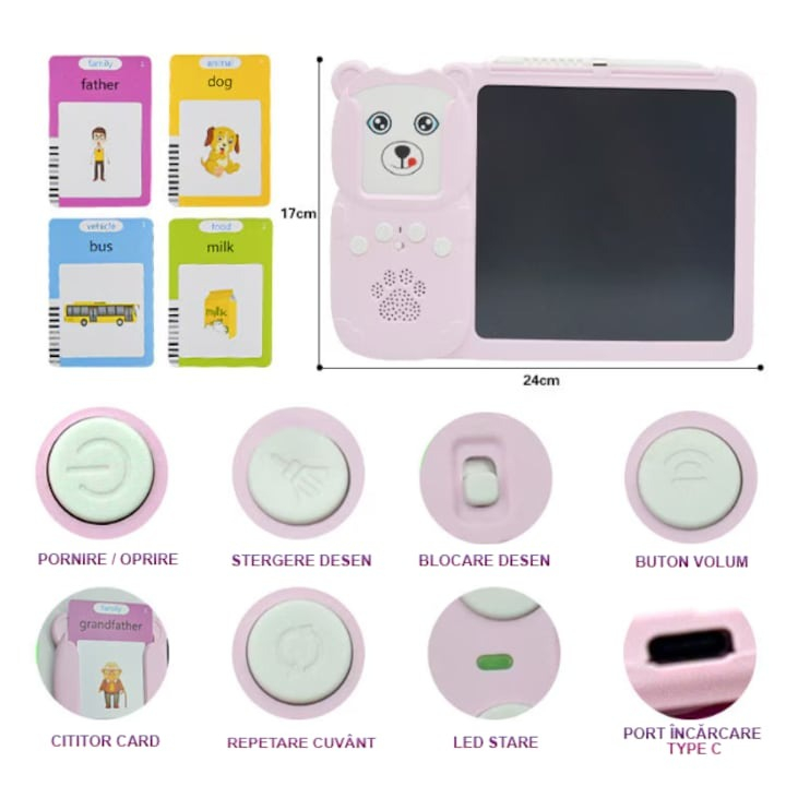 Joc educativ cu tableta de 8.5 inch pentru copii 3-7 ani, invatare engleza, asociere 224 cuvinte cu imagini - Roz [6]