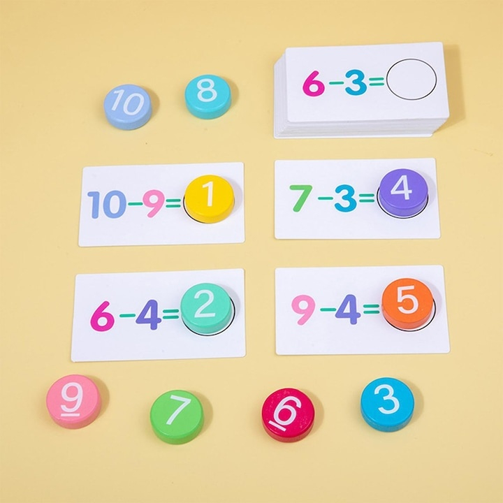 Joc educativ de matematica cu cartonase si placute din lemn, invatare prin joaca, adunare si scadere, 56 cartonase [6]