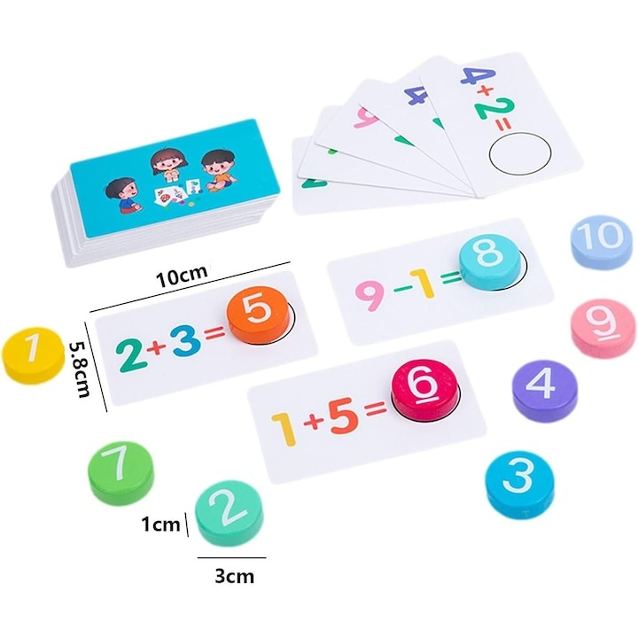 Joc educativ de matematica cu cartonase si placute din lemn, invatare prin joaca, adunare si scadere, 56 cartonase [7]
