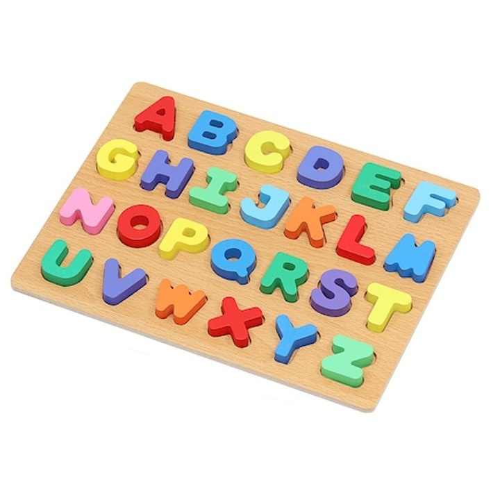 Joc educativ din lemn multicolor 30 x 23 x 0.5 cm, tabla alfabet cu 26 litere, puzzle incastru pentru copii, invatare litere si culori, 3+ ani [2]