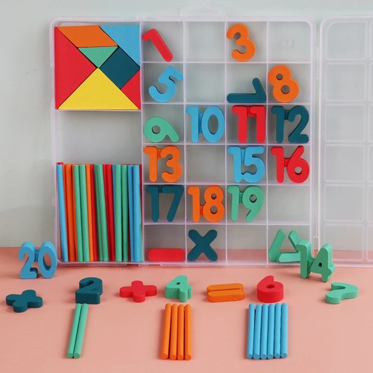 Joc educativ Montessori Tangram din lemn, multicolor, 20 x 19 x 2 cm, 7 piese geometrice, 30 bete pentru numarare, cifre 1-20 si 8 simboluri matematice [3]