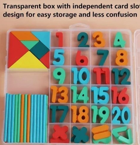 Joc educativ Montessori Tangram din lemn, multicolor, 20 x 19 x 2 cm, 7 piese geometrice, 30 bete pentru numarare, cifre 1-20 si 8 simboluri matematice [10]