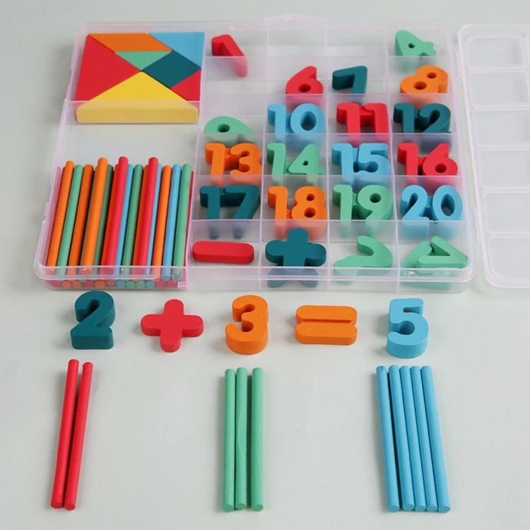 Joc educativ Montessori Tangram din lemn, multicolor, 20 x 19 x 2 cm, 7 piese geometrice, 30 bete pentru numarare, cifre 1-20 si 8 simboluri matematice [11]