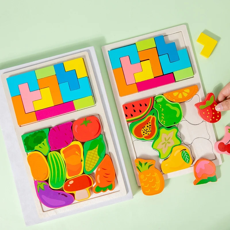 Joc educativ pentru copii, puzzle tetris, Montessori, legume colorate, lemn, 28.5 x 17 cm, varsta 3+ ani, multicolor [2]