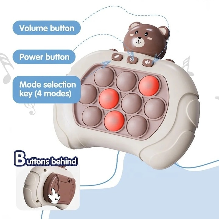 Joc electronic educativ pentru copii, Pop It Maxlife MXPS-100, 4 functii interactive, lumini si sunete, model Ursulet Alb-Maro – jucarie portabila pentru dezvoltarea atentiei si coordonarii [6]