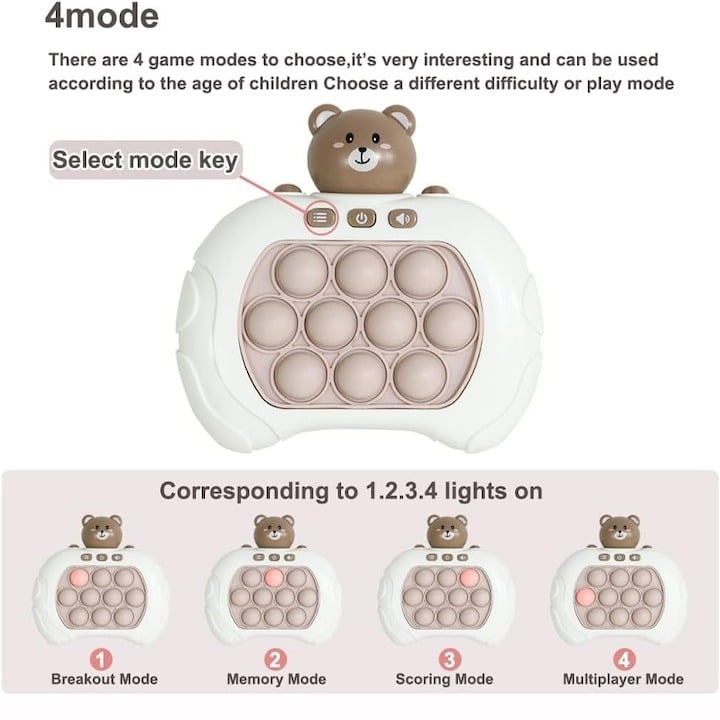 Joc electronic educativ pentru copii, Pop It Maxlife MXPS-100, 4 functii interactive, lumini si sunete, model Ursulet Alb-Maro – jucarie portabila pentru dezvoltarea atentiei si coordonarii [8]