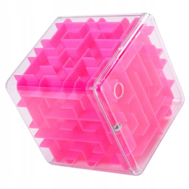 Joc labirint tip cub, roz, albastru sau galben, 3.7 x 3.7 x 3.7 cm, labirint 3d cu bila metalica, joc educativ de indemanare pentru copii 3+ ani [7]