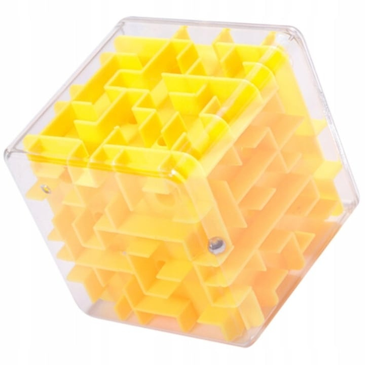 Joc labirint tip cub, roz, albastru sau galben, 3.7 x 3.7 x 3.7 cm, labirint 3d cu bila metalica, joc educativ de indemanare pentru copii 3+ ani [3]