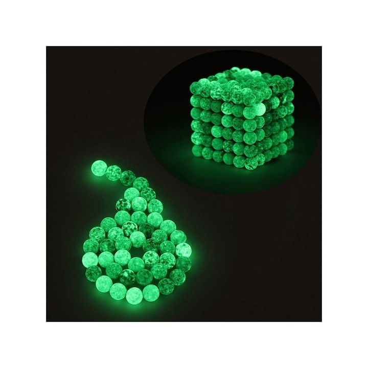 Joc magnetic NeoCube, verde fluorescent, cub 1.8 cm, 216 bile magnetice din neodim 3 mm, cutie metalica cu capac transparent, joc creativ antistres, 14+ [3]