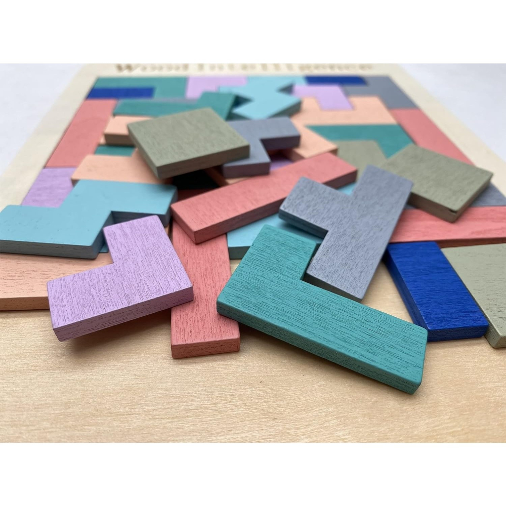 Joc puzzle pentru copii, tetris, educativ, 40 piese, lemn, culori pastelate, 3+ ani, 26.5 x 17.7 cm [8]