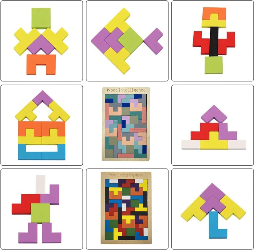 Joc puzzle pentru copii, tetris, educativ, 40 piese, lemn, culori pastelate, 3+ ani, 26.5 x 17.7 cm [7]
