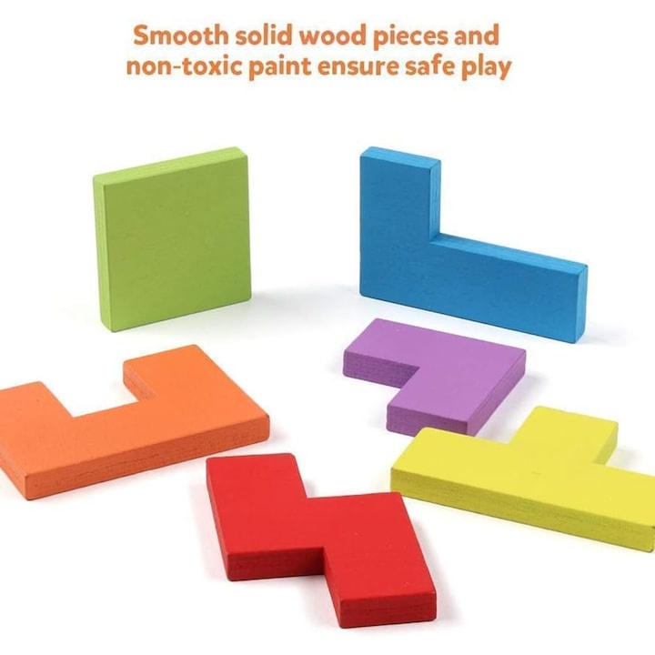 Joc puzzle pentru copii, tetris, educativ, 40 piese, lemn, culori pastelate, 3+ ani, 26.5 x 17.7 cm [3]