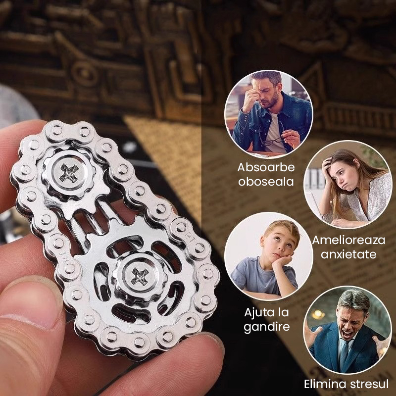Jucarie antistres argintie 6 x 3.5 cm, fidget metalic cu lant tip bicicleta si mecanism rotativ, accesoriu compact pentru dexteritate si relaxare [3]
